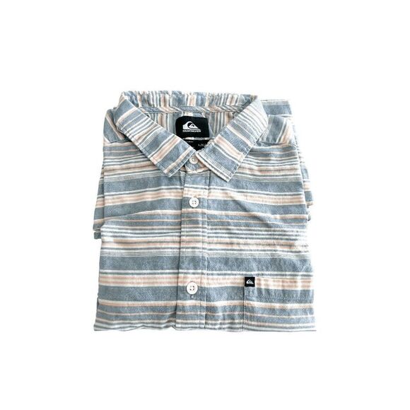 Quiksilver Mens Regular Button Down Shirt Short Sleeve Stripes Peach Blue Large - Picture 7 of 7